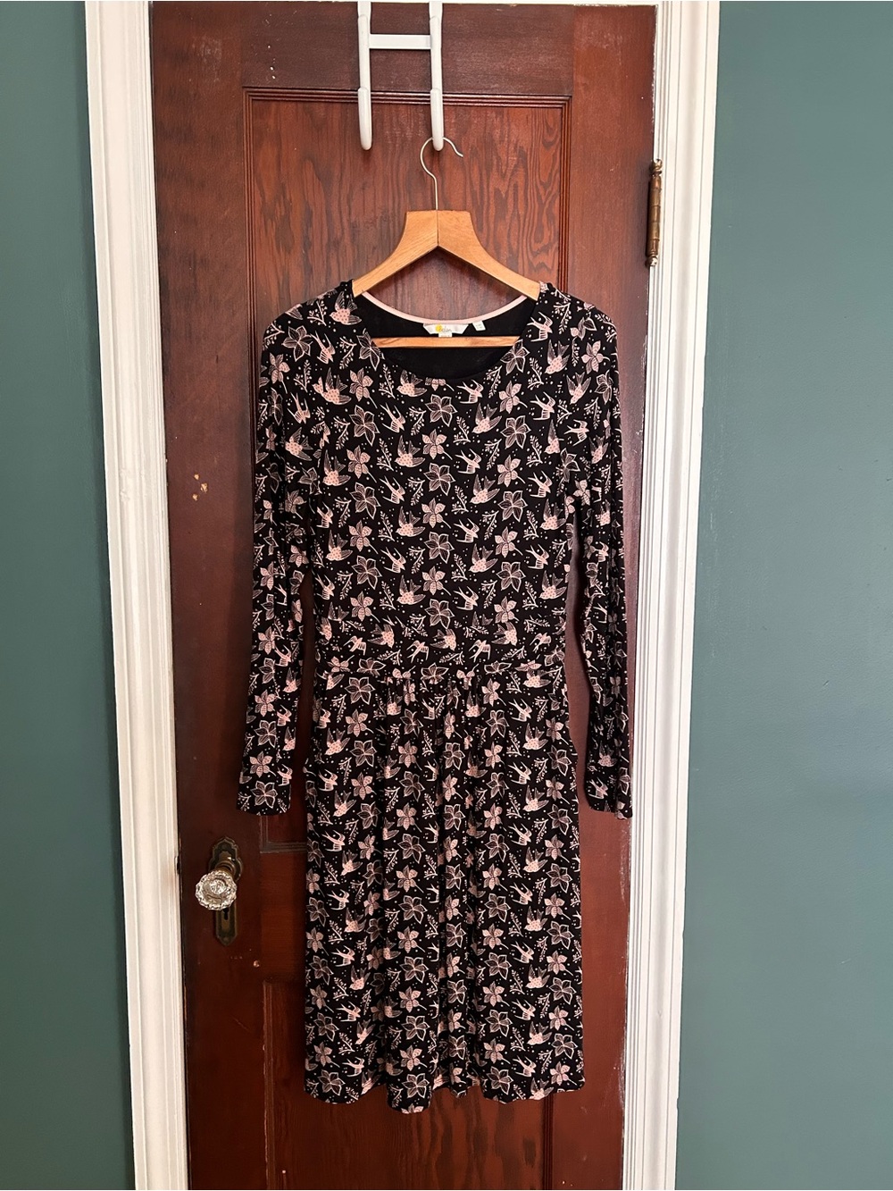 Boden Black Long-Sleeve Dress with Pink Floral Print